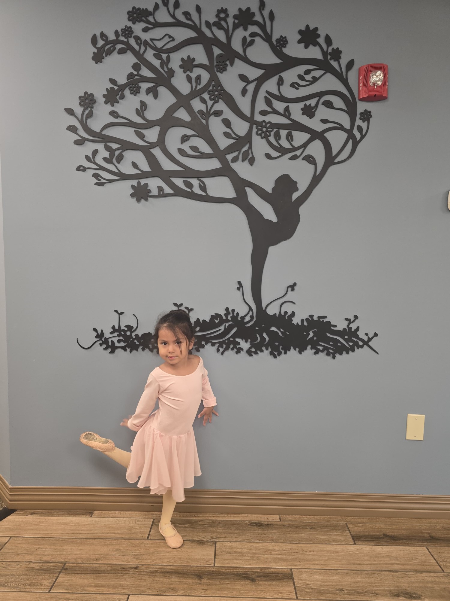 Emma in a pink ballet leotard pointing her toe, in front of a ballerina tree mural